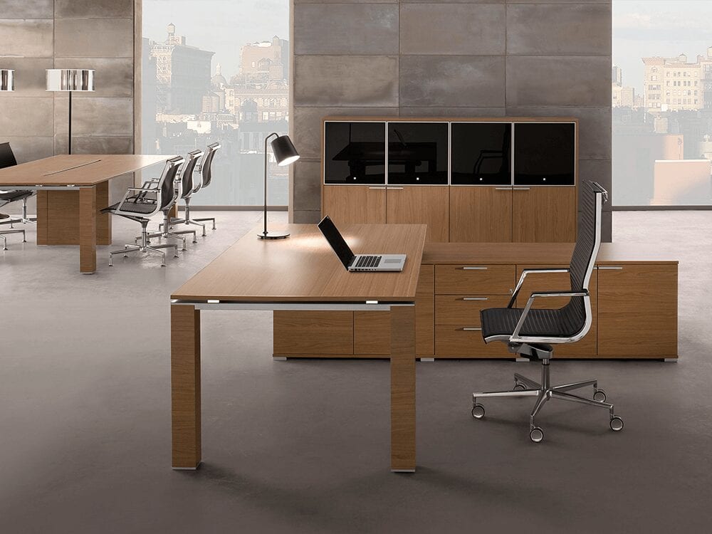 Kingsley 1 - Natural Oak or Walnut Wood Finish Executive Desk with Goalpost U Leg and Optional Credenza Unit