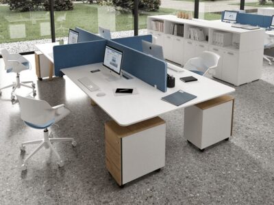 Minimo 4 – Back to Back Simple Operator Desk with Wood Finish Legs and Optional Pedestal
