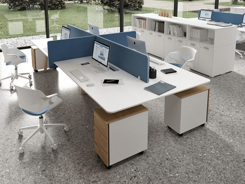 Minimo 4 – Back to Back Simple Operator Desk with Wood Finish Legs and Optional Pedestal